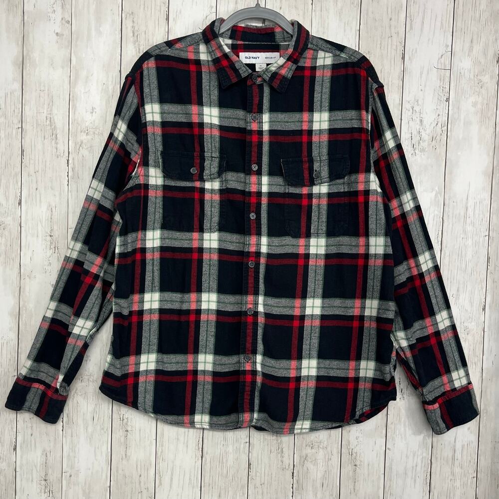 Old Navy Men's Plaid Long Sleeve Button-Down Shirt XL Black & Red Gorpcore